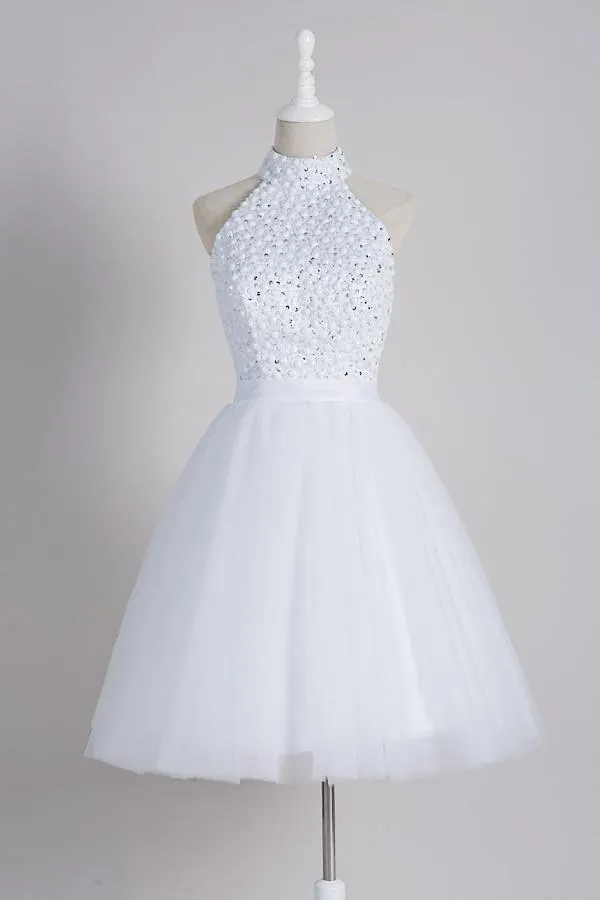 A-Line High Open Back White Short Tulle Homecoming Dress With Beading TR0164