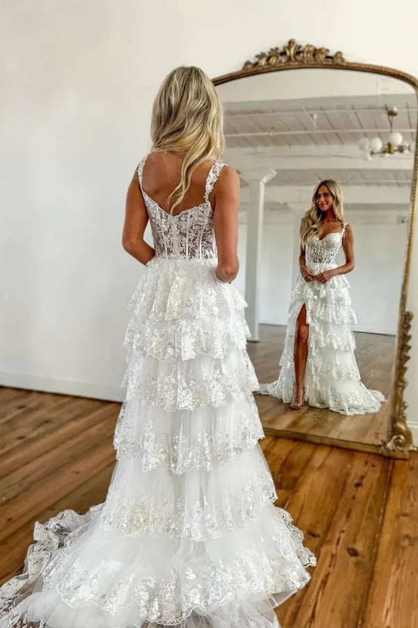 A Line Lace Tiered Stunning Prom Dress Evening Dress With Split PSK456