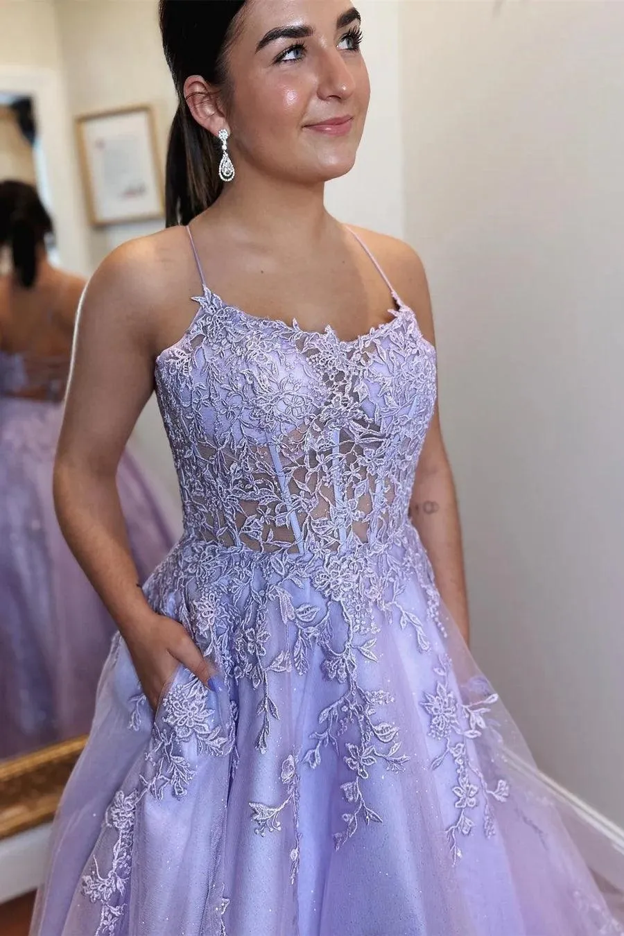 A-Line Lavender Tulle Applique Lace Up Back Prom Evening Dress TP1218