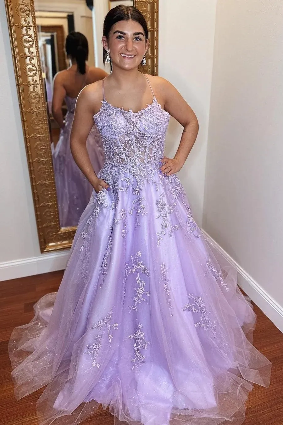 A-Line Lavender Tulle Applique Lace Up Back Prom Evening Dress TP1218