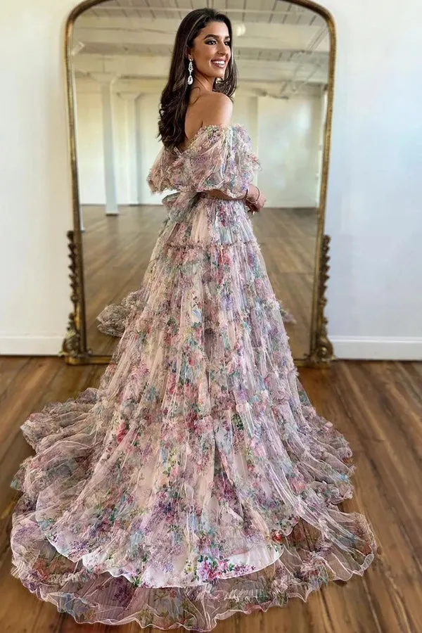 A-Line Off The Shoulder Sweetheart Floral Long Prom Dress TP1346