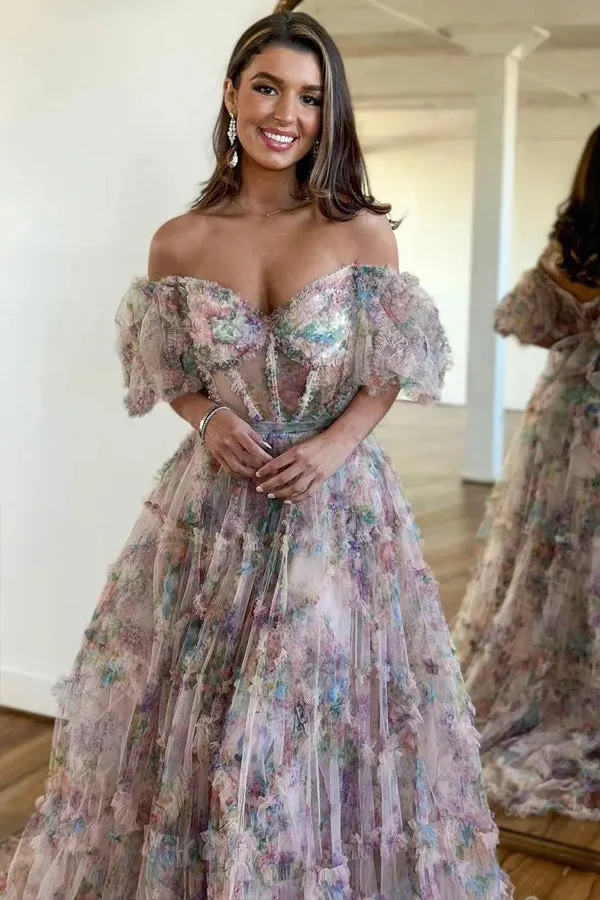 A-Line Off The Shoulder Sweetheart Floral Long Prom Dress TP1346