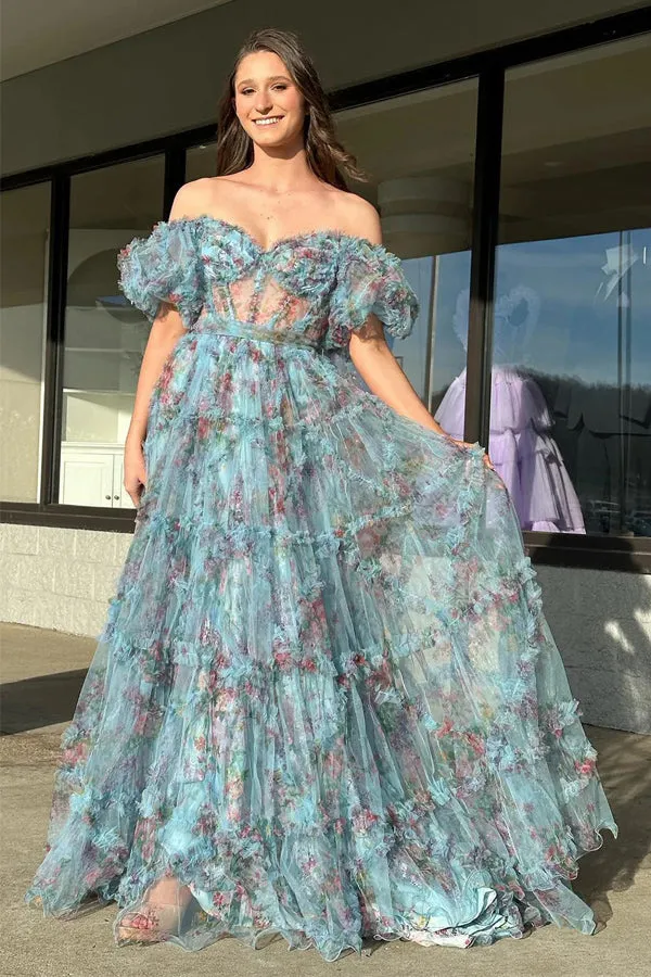A-Line Off The Shoulder Sweetheart Floral Long Prom Dress TP1346