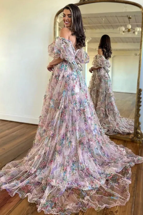 A-Line Off The Shoulder Sweetheart Floral Long Prom Dress TP1346