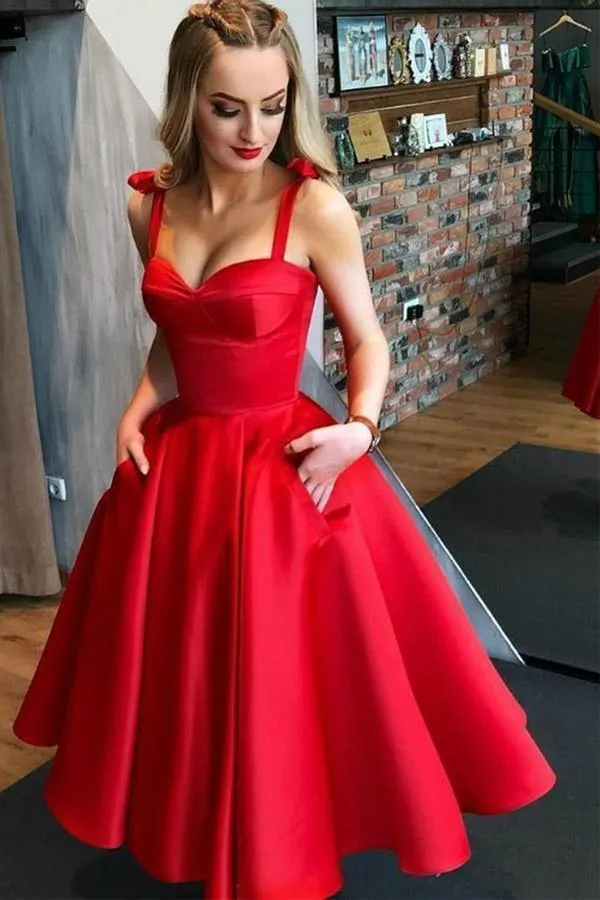 A-Line Satin Straps Tea Length Prom Dress With Pocket HD0110