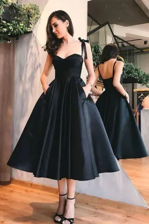 A-Line Satin Straps Tea Length Prom Dress With Pocket HD0110