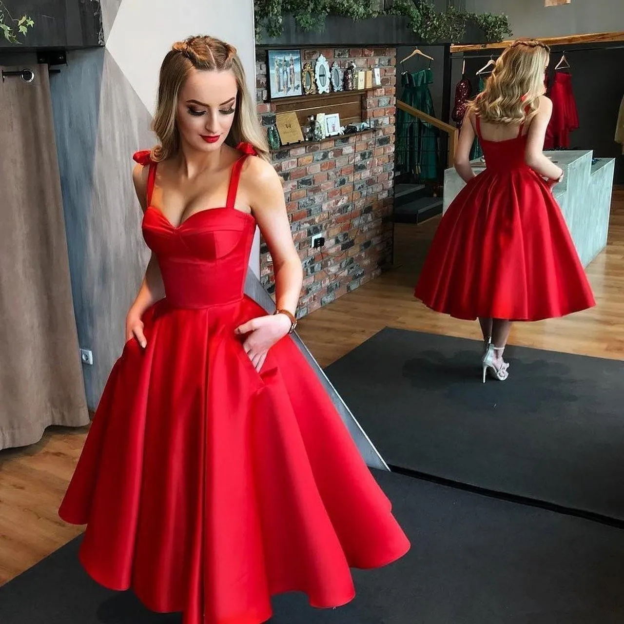 A-Line Satin Straps Tea Length Prom Dress With Pocket HD0110