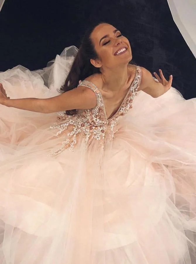 A-Line V-Neck Floor-Length Pink Prom Dress with Appliques Beading TP0917
