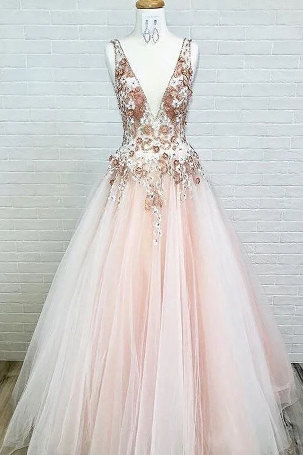 A-Line V-Neck Floor-Length Pink Prom Dress with Appliques Beading TP0917