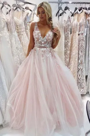 A-Line V-Neck Floor-Length Pink Prom Dress with Appliques Beading TP0917