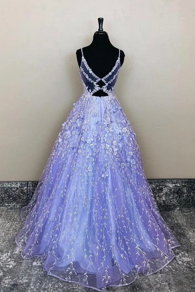A-Line V-Neck Lavender Lace Floral Long Prom Formal Dress TP1182