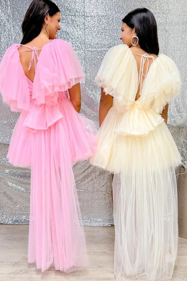 A-line V Neck Pink Homecoming Dress with Flutter Sleeves HD0211