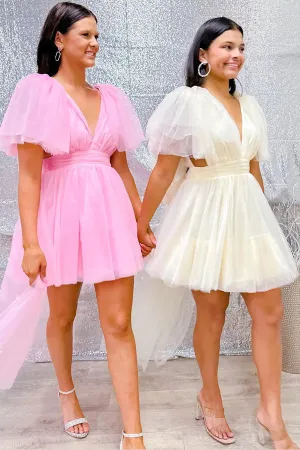 A-line V Neck Pink Homecoming Dress with Flutter Sleeves HD0211