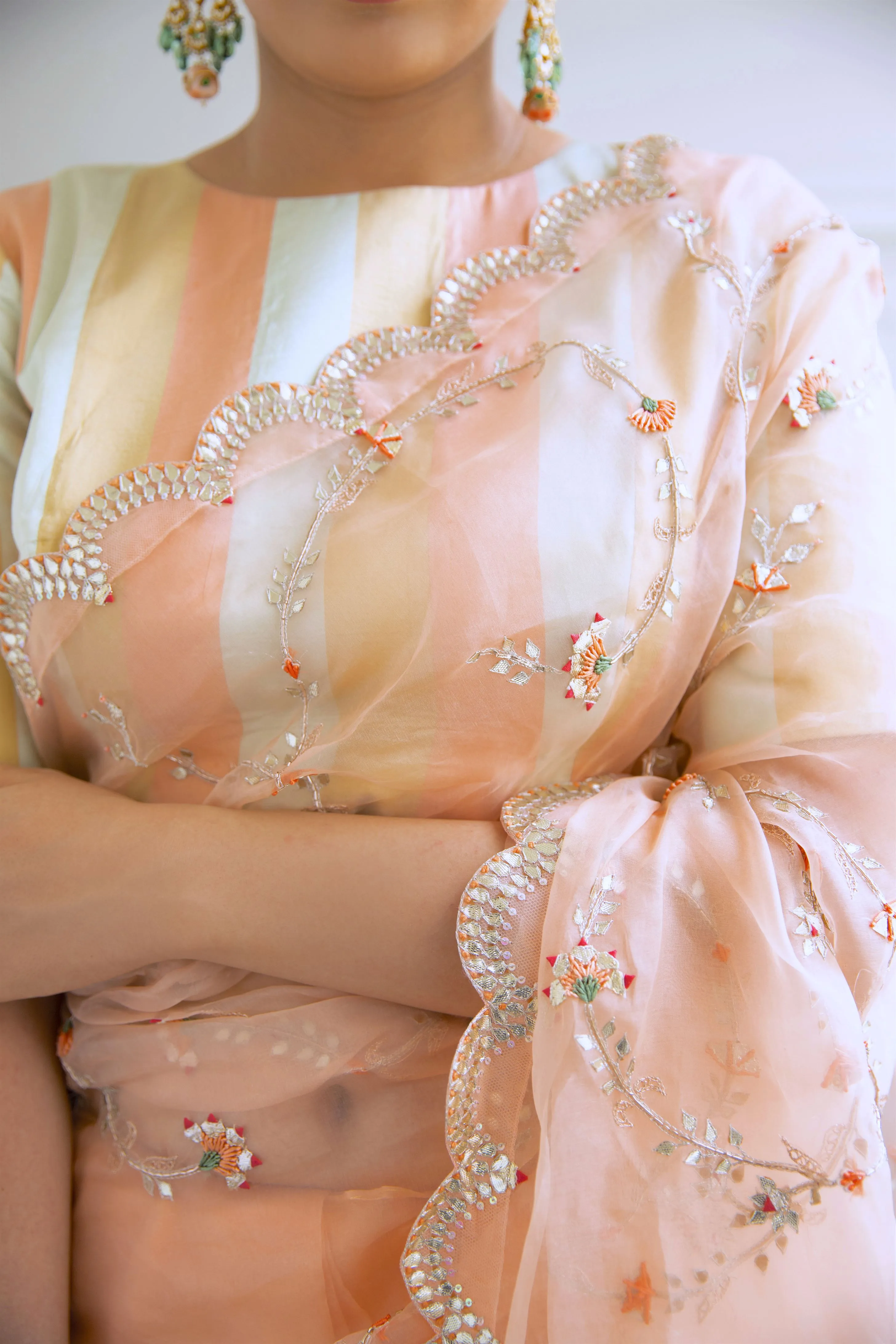 Aarti Sethia Studio    I    Peach Hand embroidered Jaal Saree Set