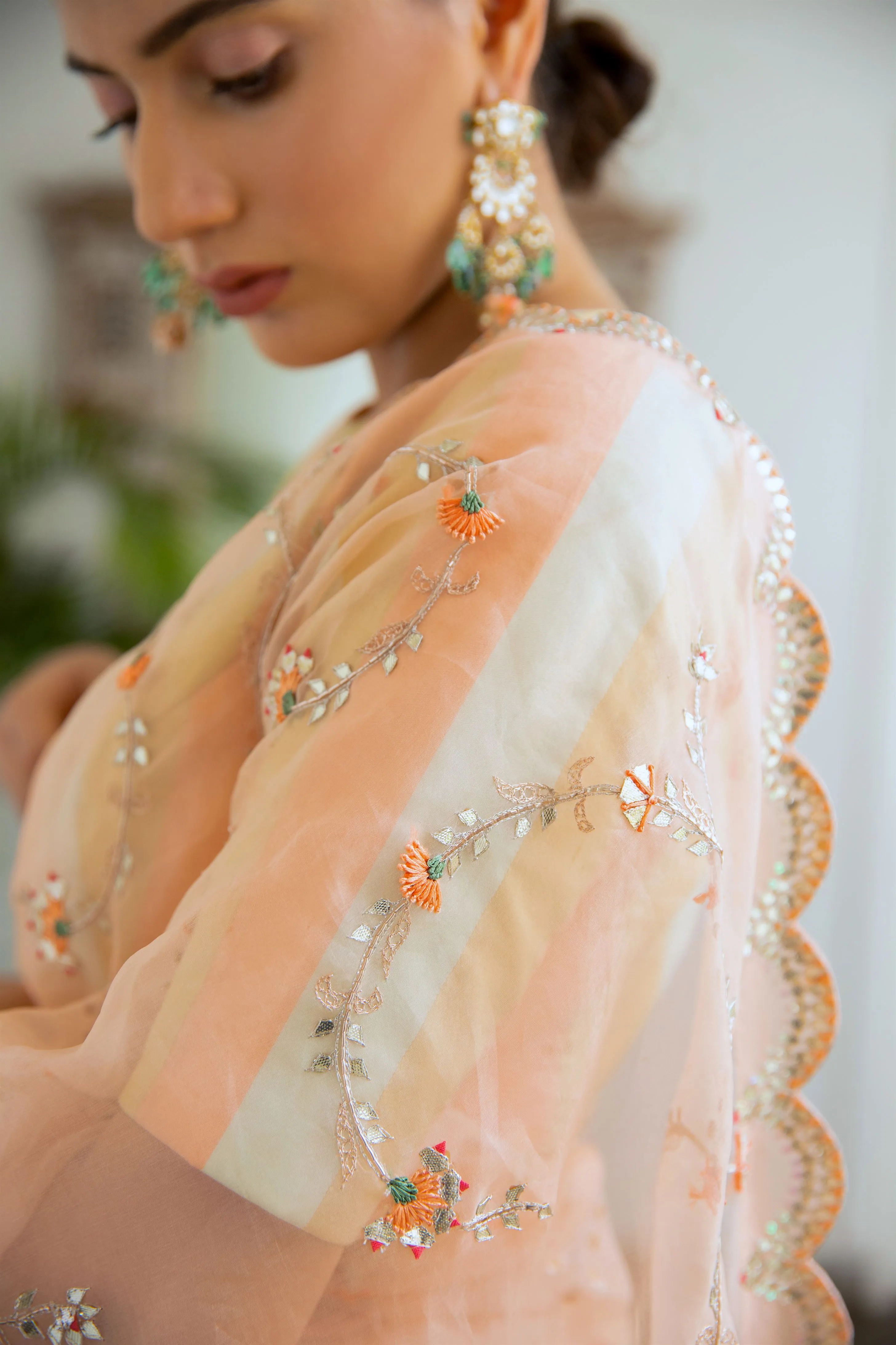 Aarti Sethia Studio    I    Peach Hand embroidered Jaal Saree Set