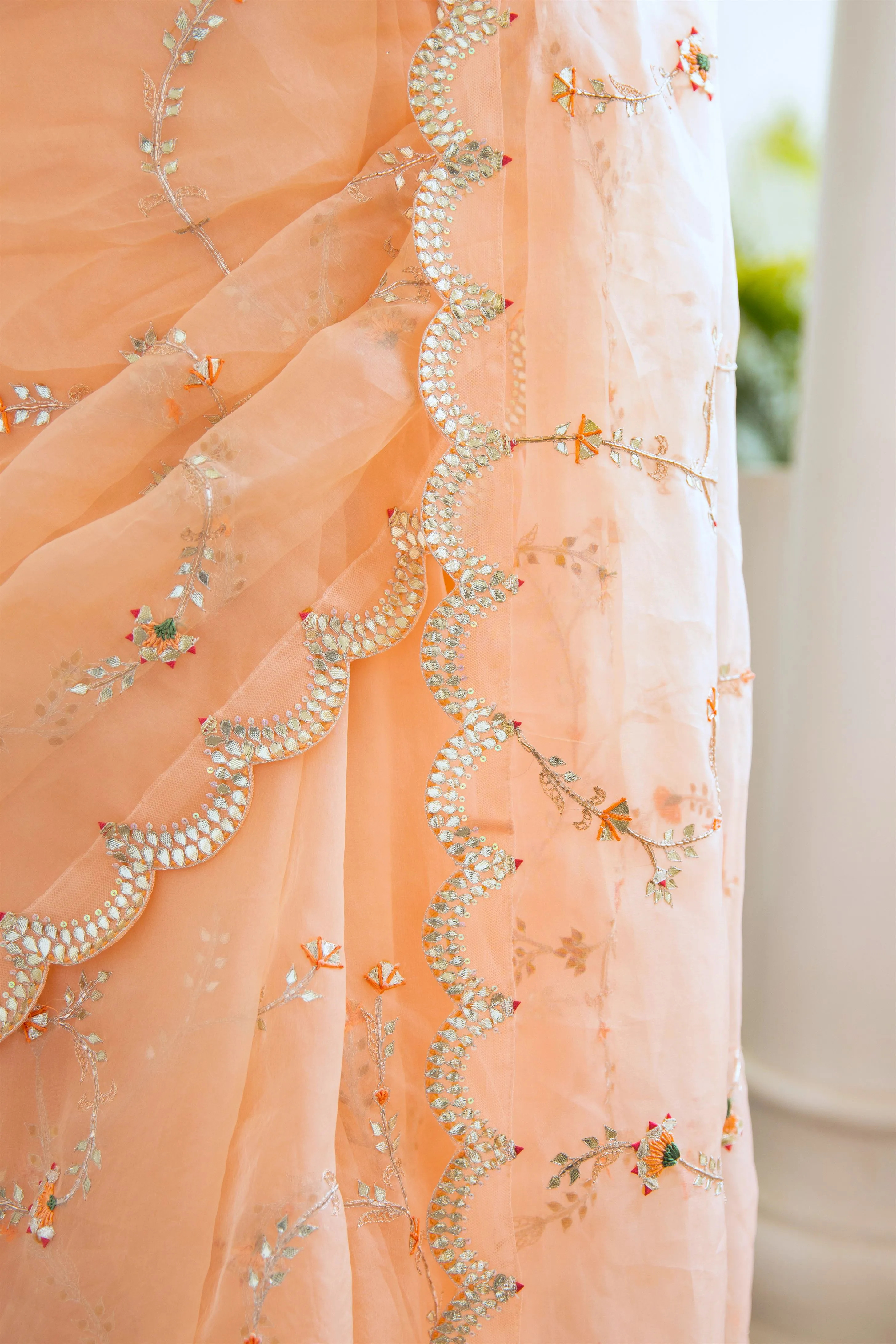 Aarti Sethia Studio    I    Peach Hand embroidered Jaal Saree Set