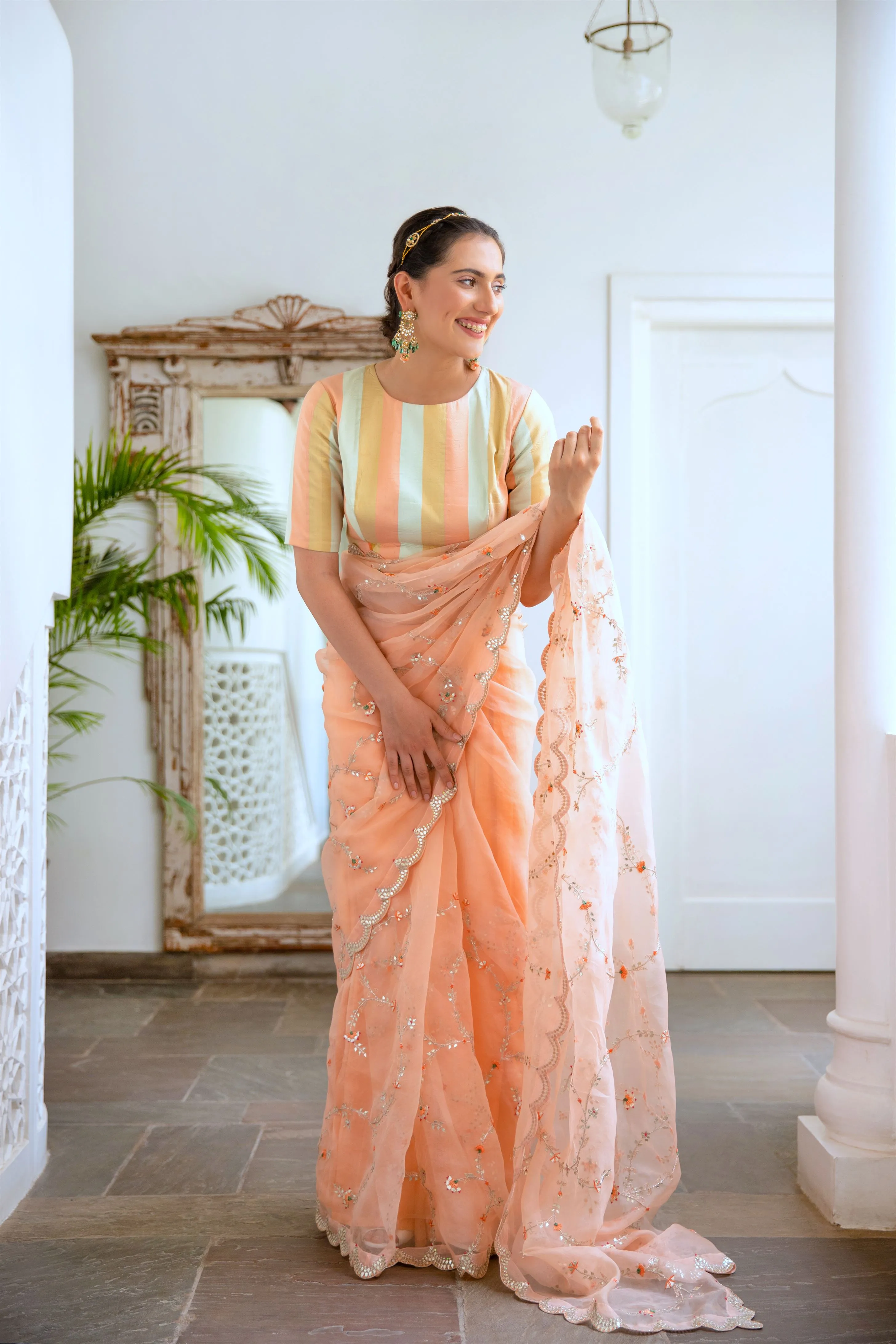 Aarti Sethia Studio    I    Peach Hand embroidered Jaal Saree Set