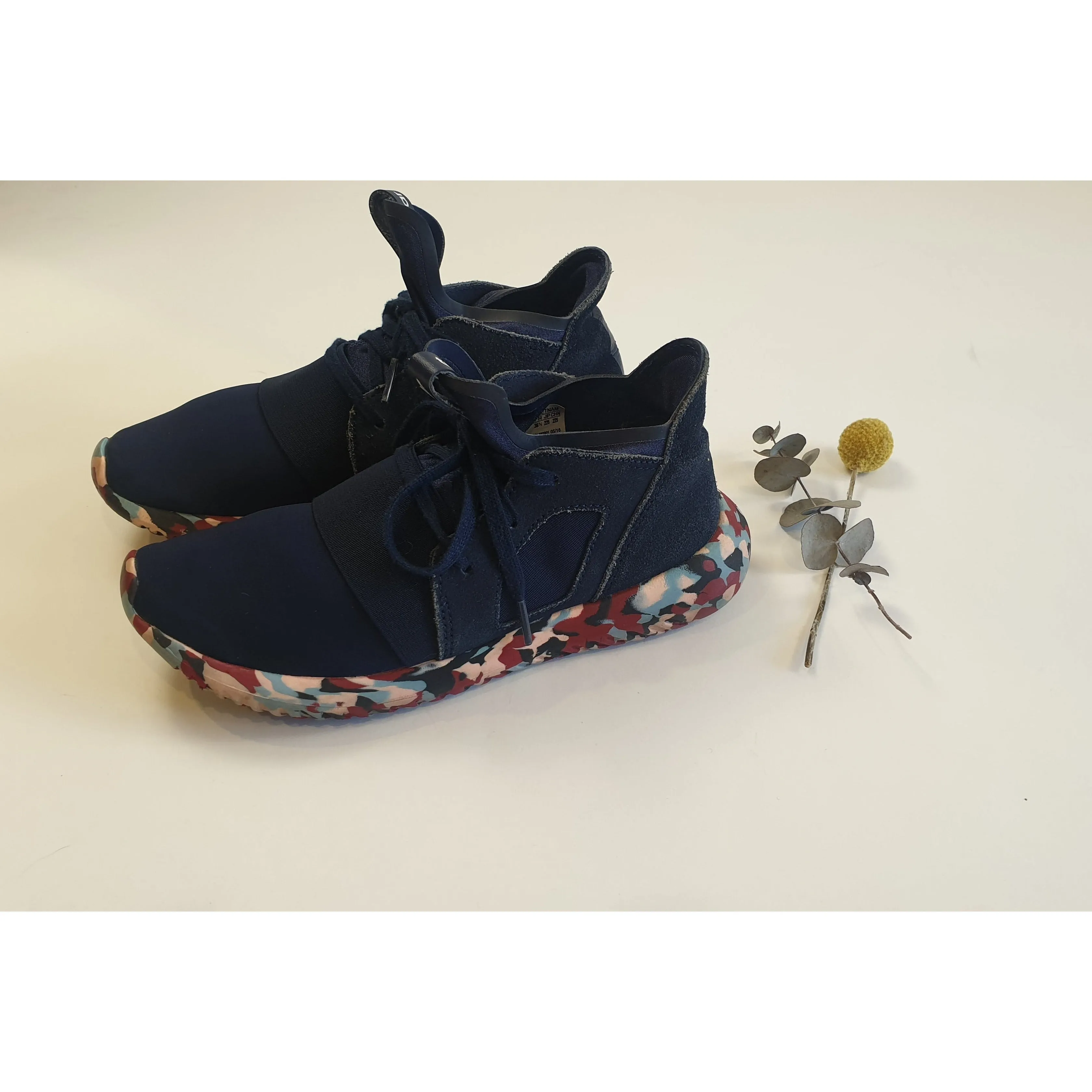 Adidas second hand navy leather and fabric mix shoe with fab and unique colourful sole size 36