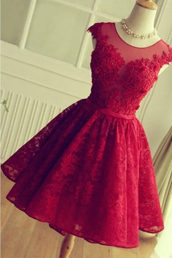 Adorable Knee-length Red Short Lace Prom Dress Homecoming Dress TP0163