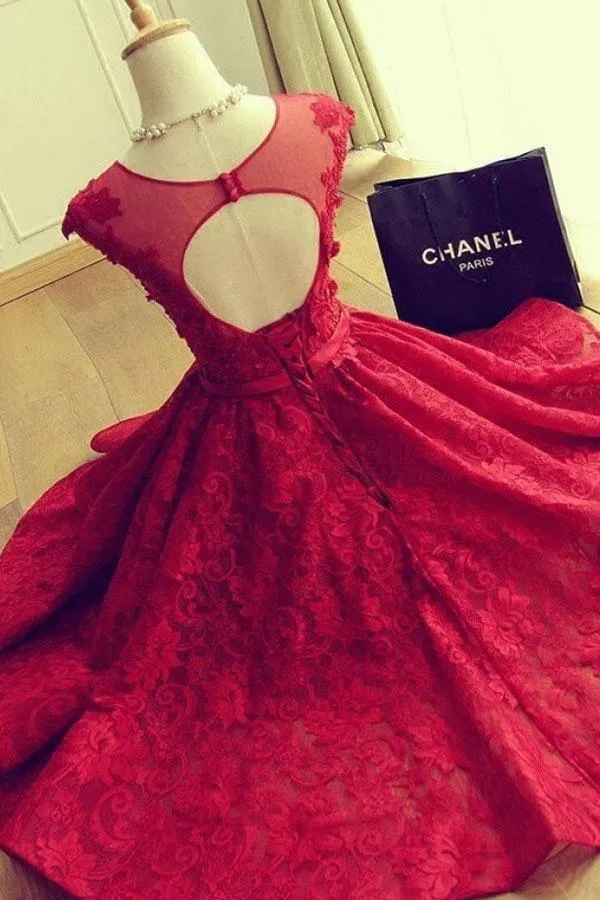 Adorable Knee-length Red Short Lace Prom Dress Homecoming Dress TP0163