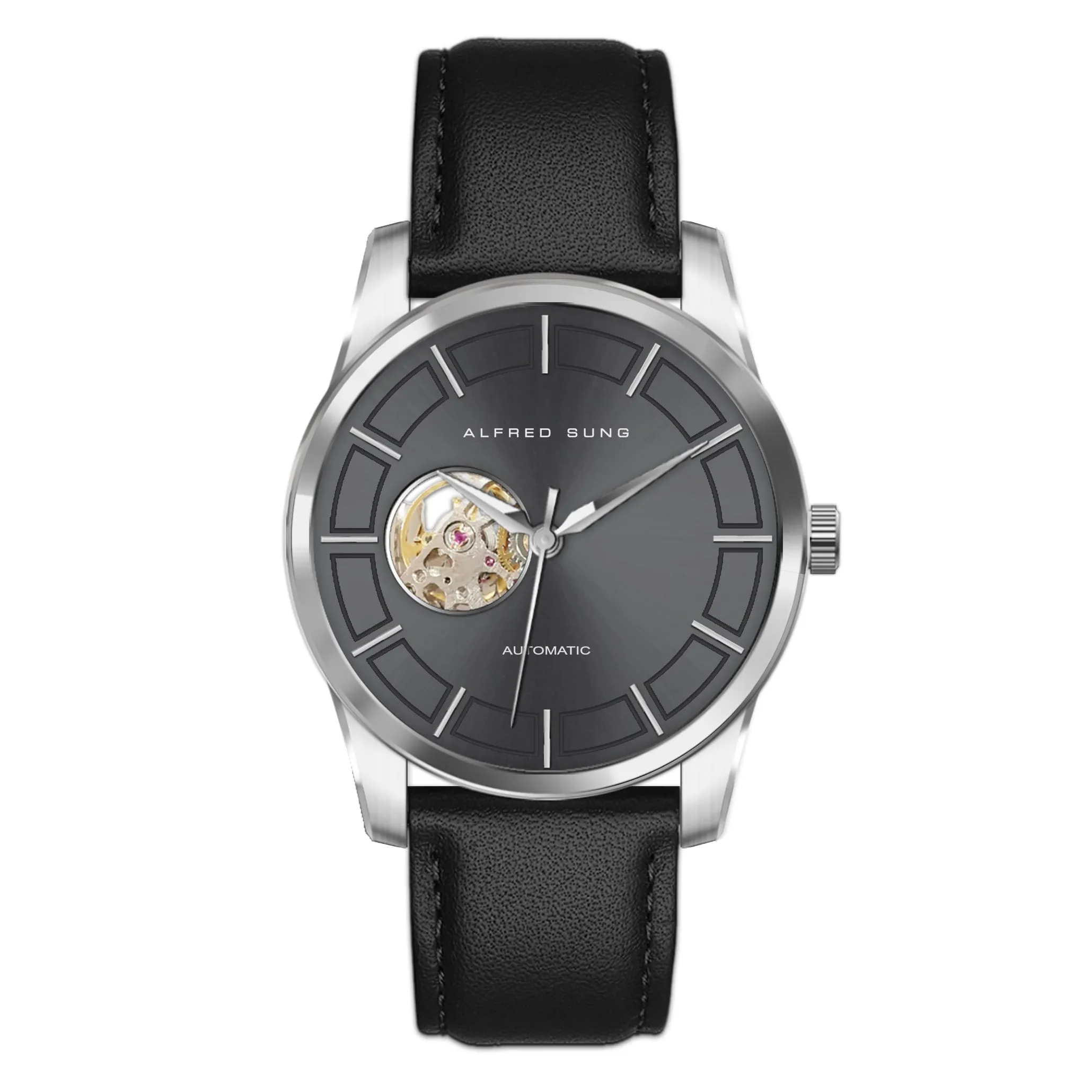 Alfred Sung Automatic Black Leather Strap Men's watch