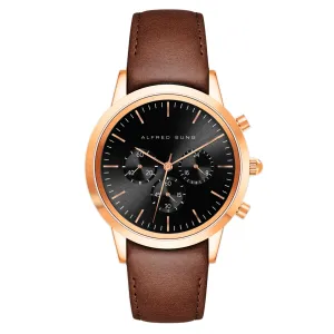 Alfred Sung Chronograph Black Sunray Dial Brown Leather Strap Men's watch