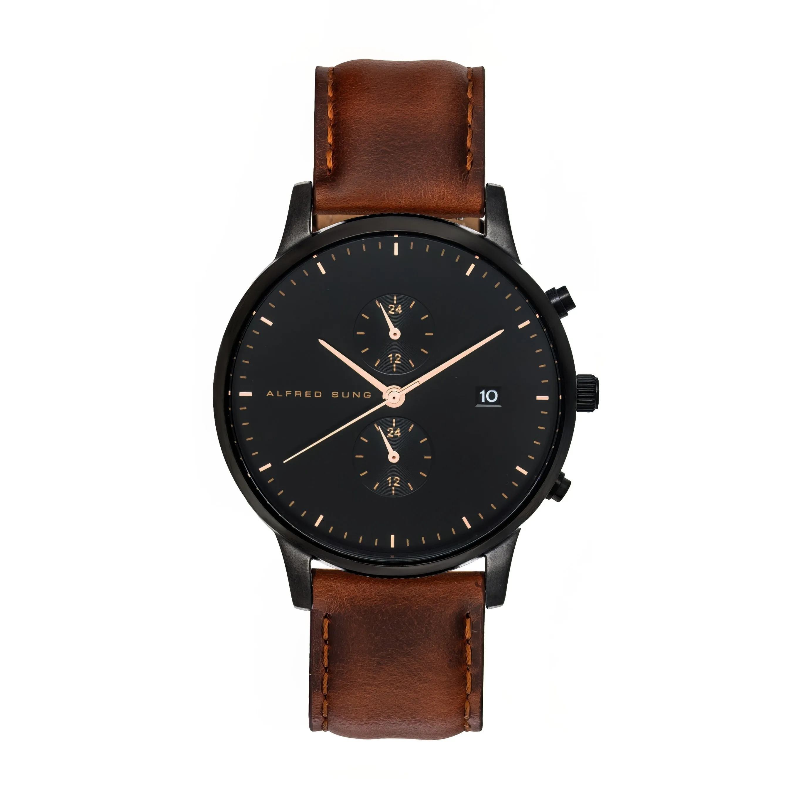 Alfred Sung Dual Time with Date Black Dial Brown Leather Strap watch