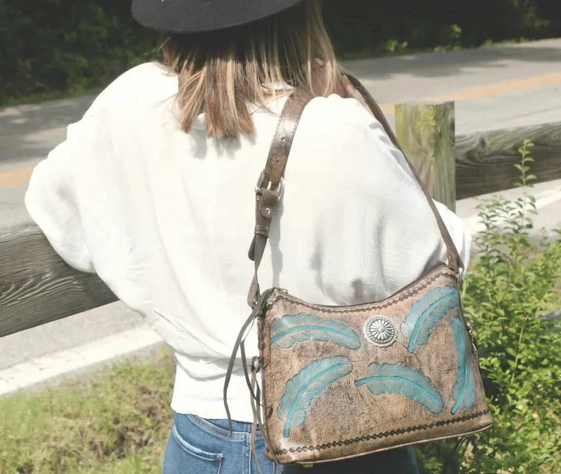 American West Handbag Sacred Bird Collection: Leather Zip Top Shoulder