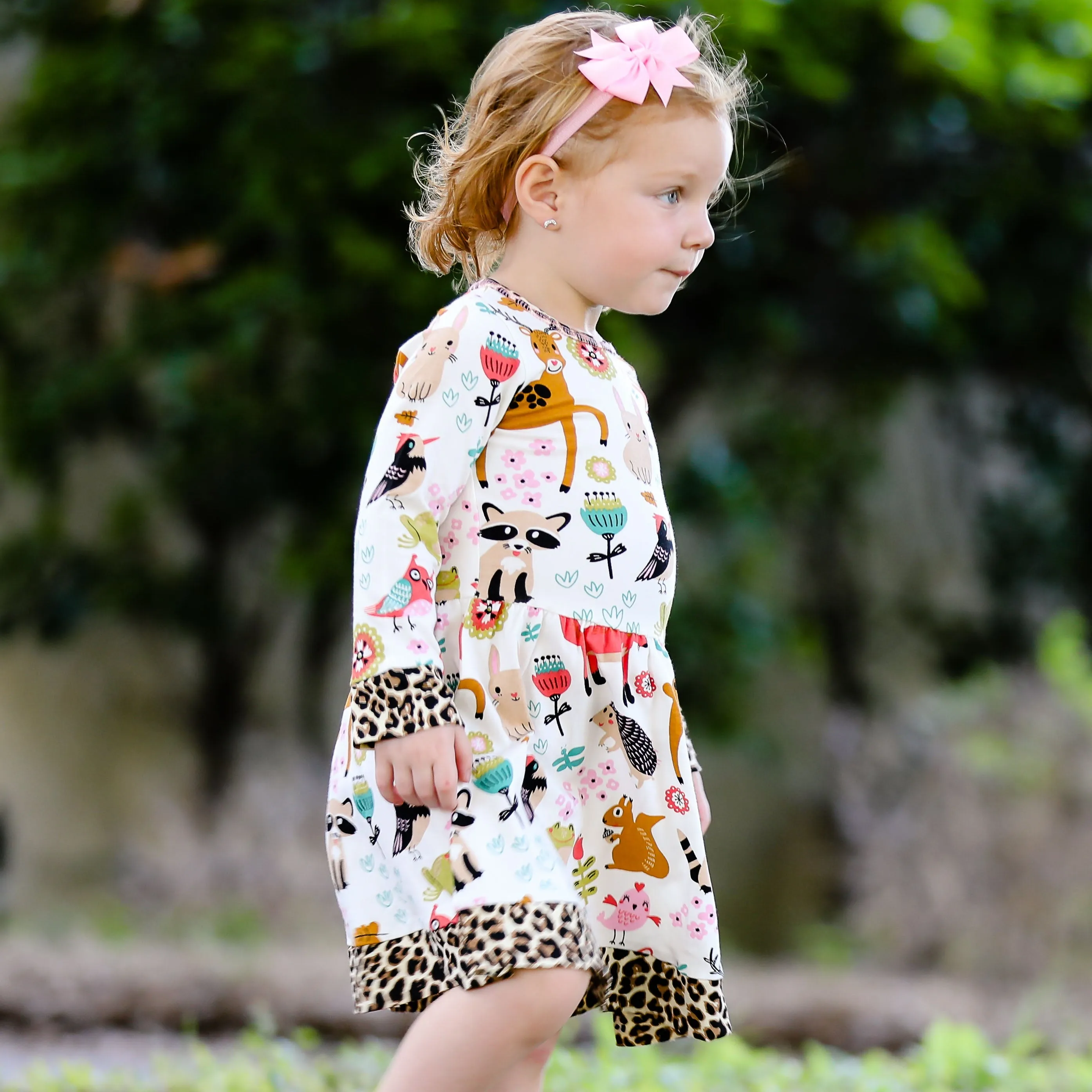 AnnLoren Little & Big Girls Long Sleeve Boutique Forest Friends Fall Dress