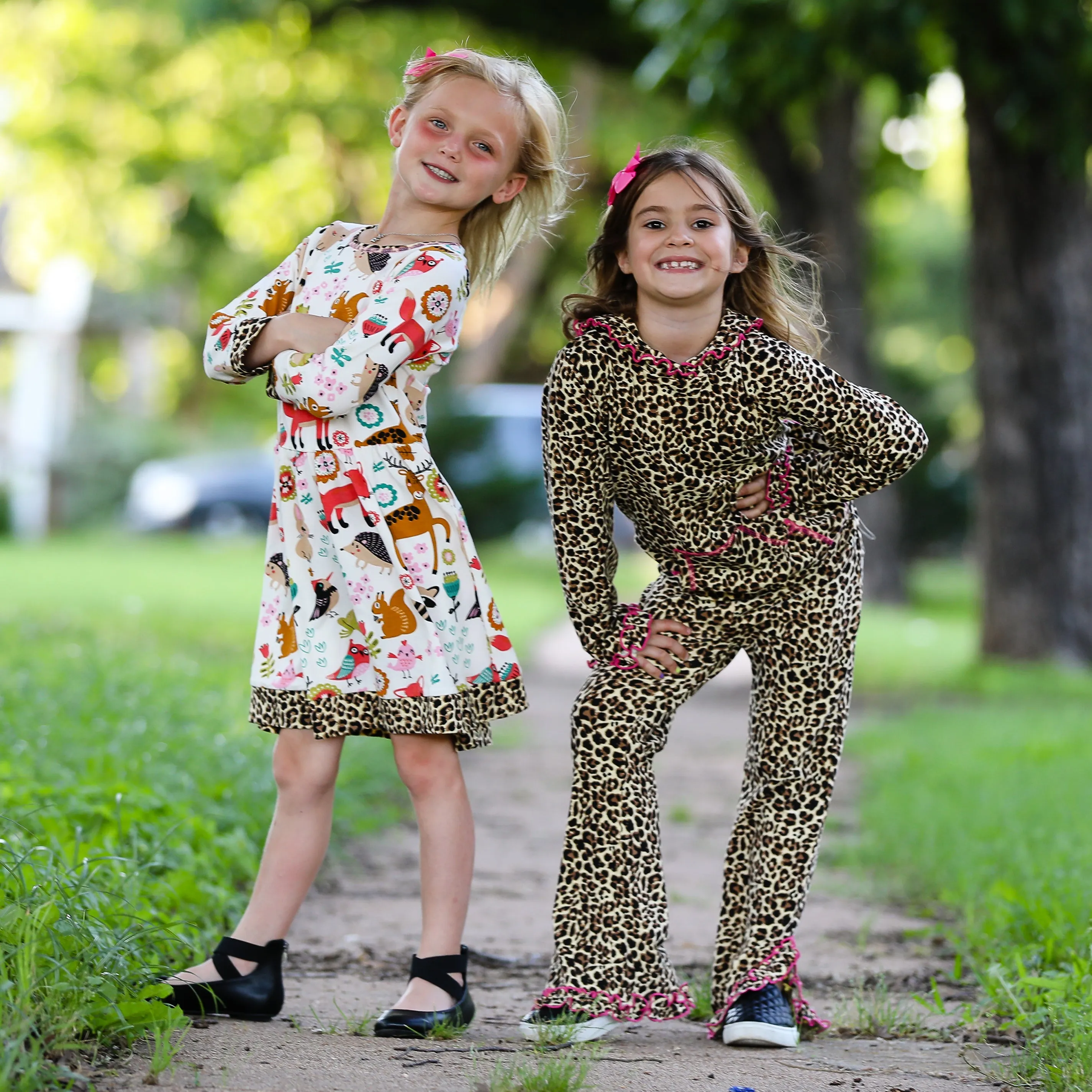 AnnLoren Little & Big Girls Long Sleeve Boutique Forest Friends Fall Dress