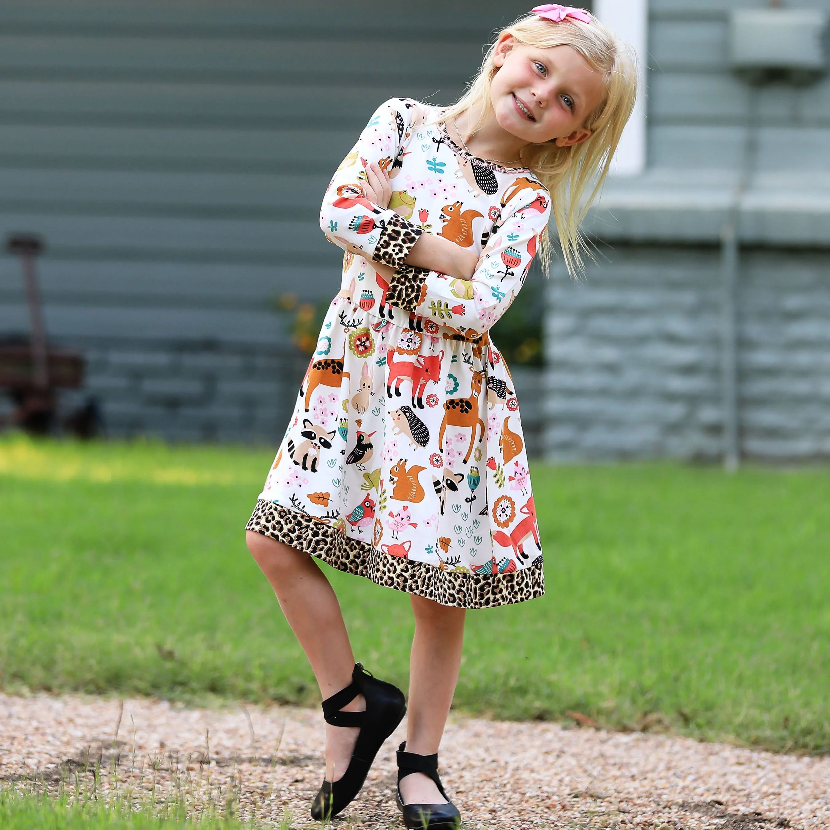 AnnLoren Little & Big Girls Long Sleeve Boutique Forest Friends Fall Dress
