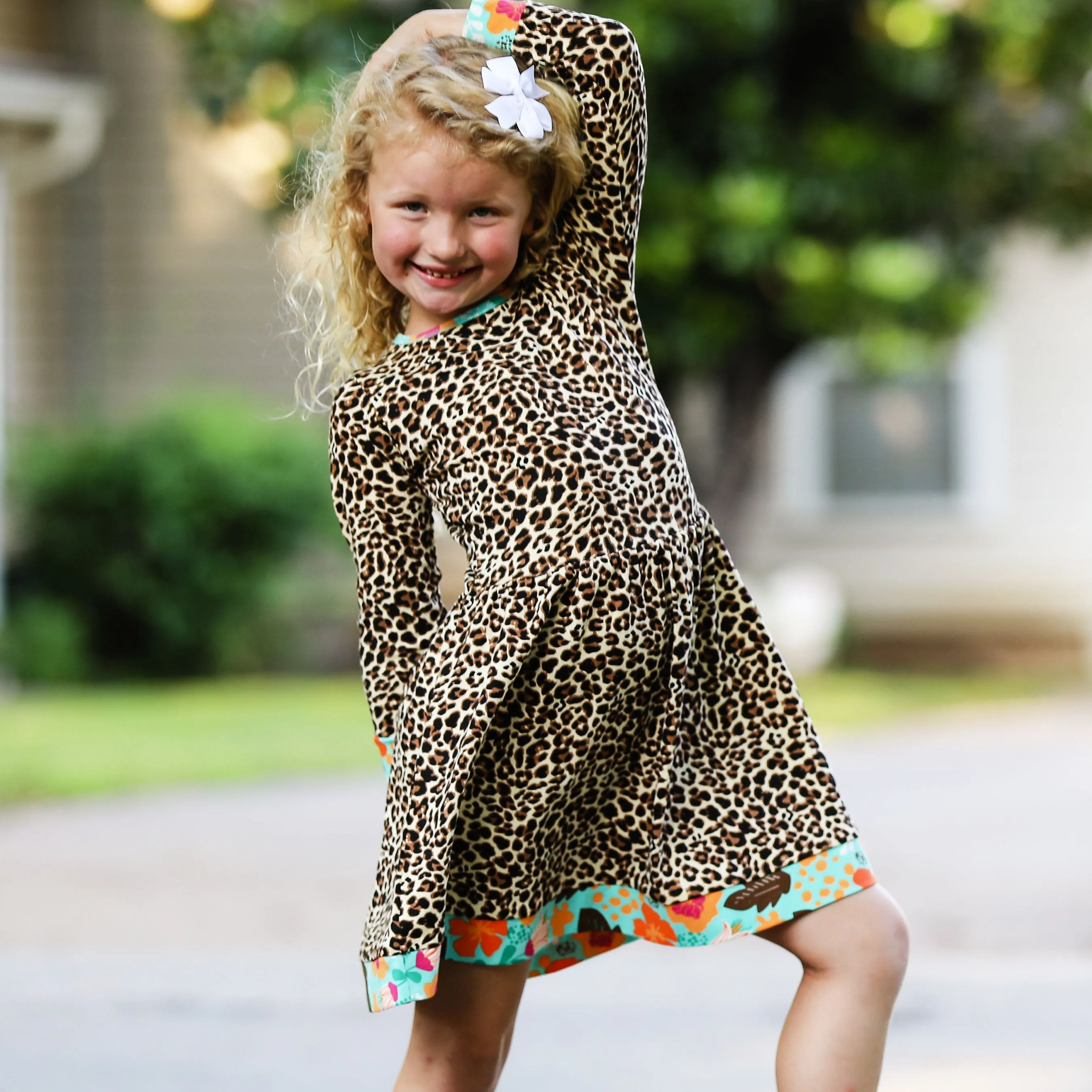AnnLoren Little & Big Girls Long Sleeve Leopard Rose Fall Floral Dress Boutique