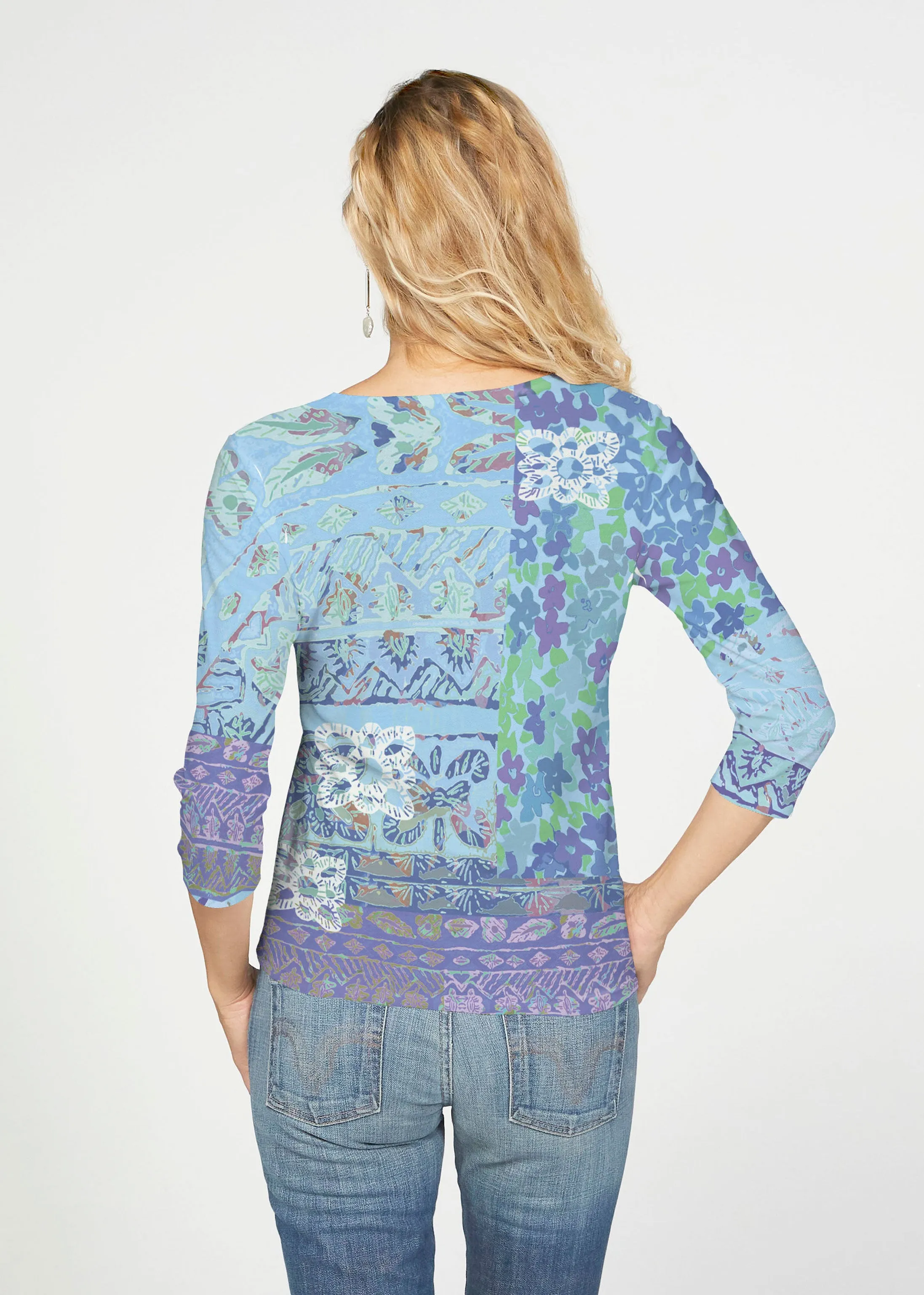 Aspen Aqua (19186) ~ French Terry Tie 3/4 Sleeve Top