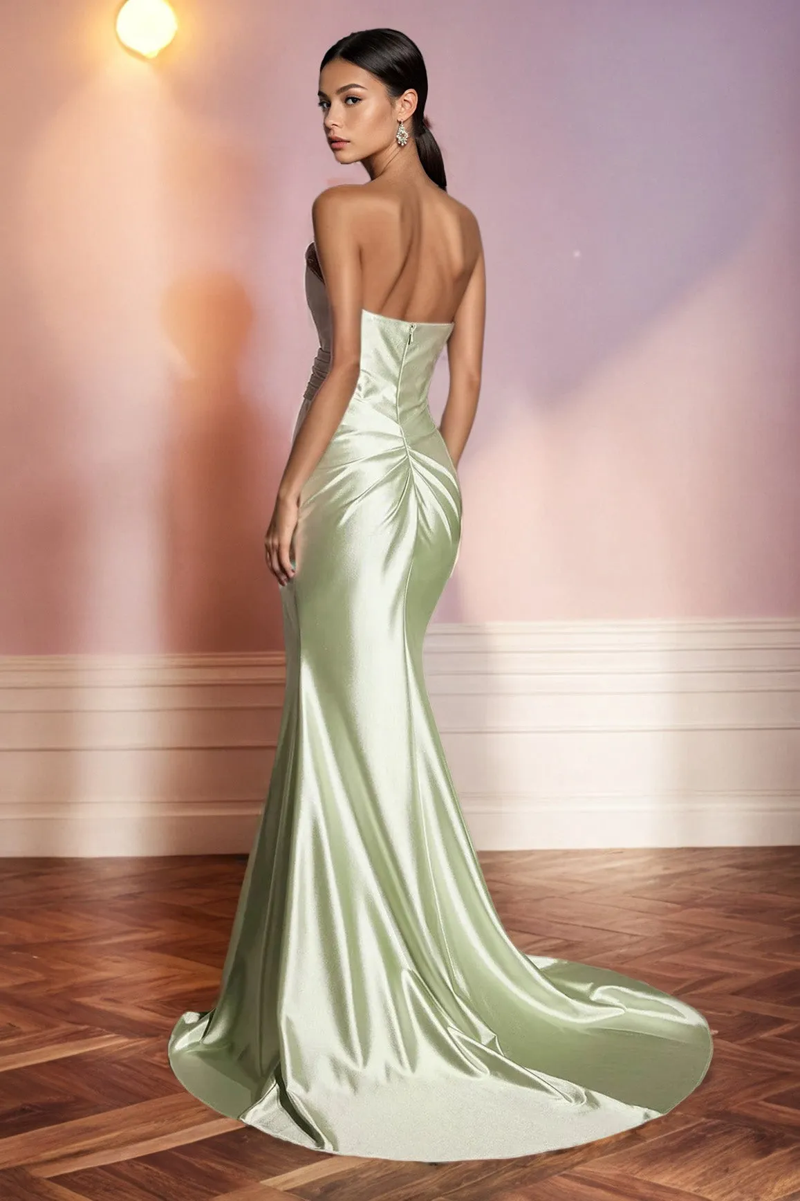 Asymmetrical Neckline Strapless Pleats Satin Prom Dress