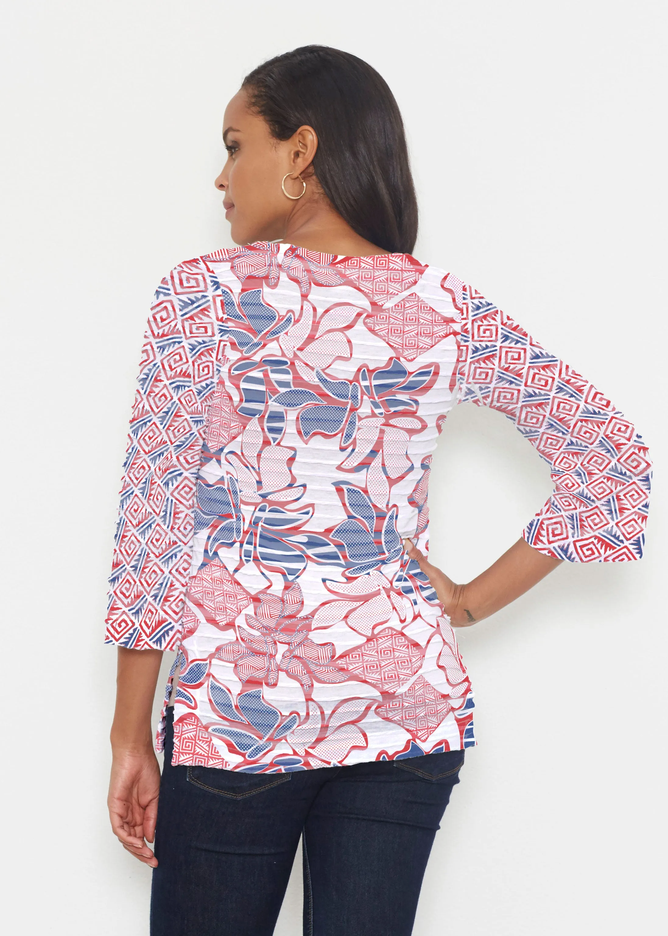 Aztek Sail Red-Blue (8130) ~ Banded 3/4 Bell-Sleeve V-Neck Tunic
