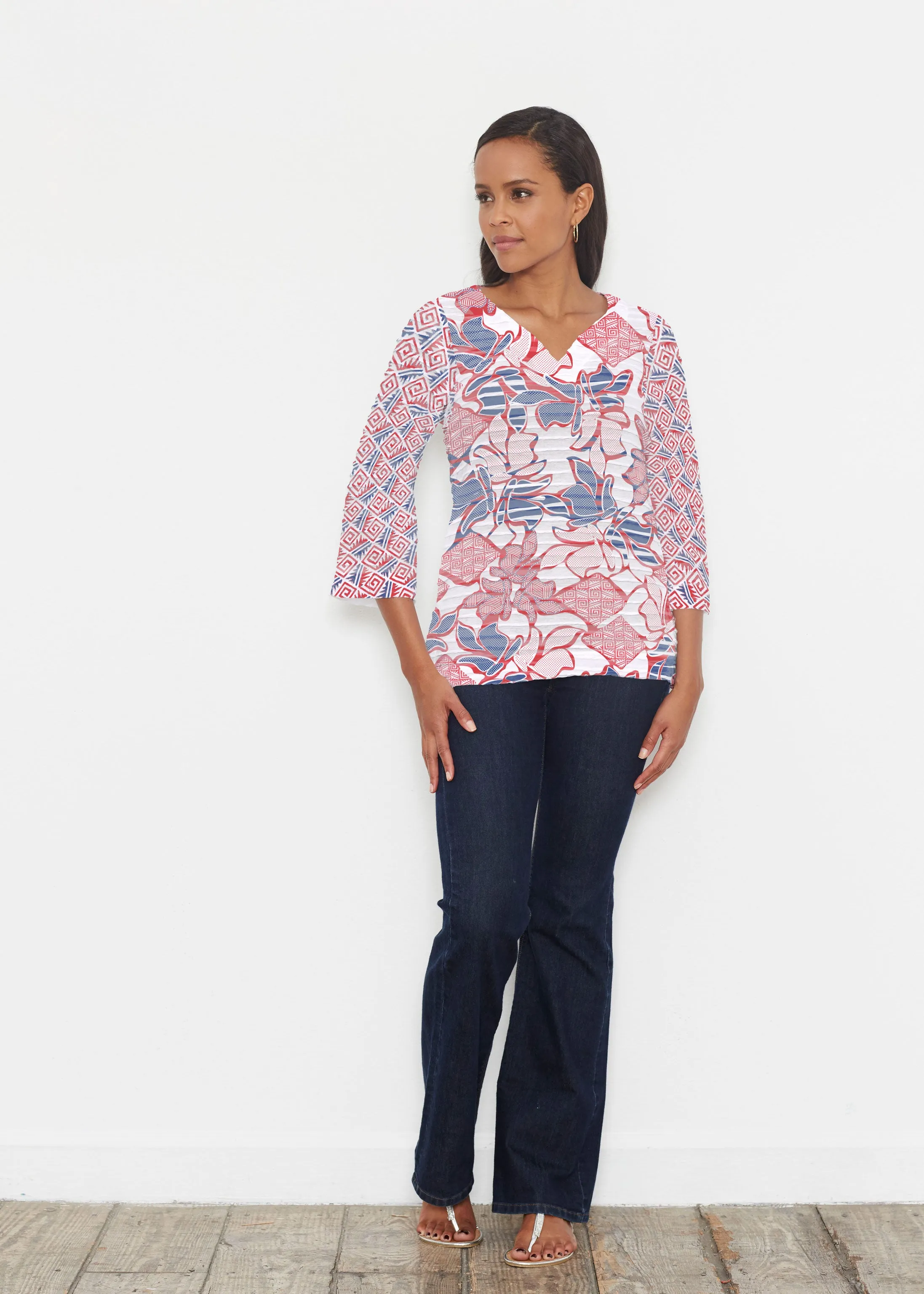 Aztek Sail Red-Blue (8130) ~ Banded 3/4 Bell-Sleeve V-Neck Tunic
