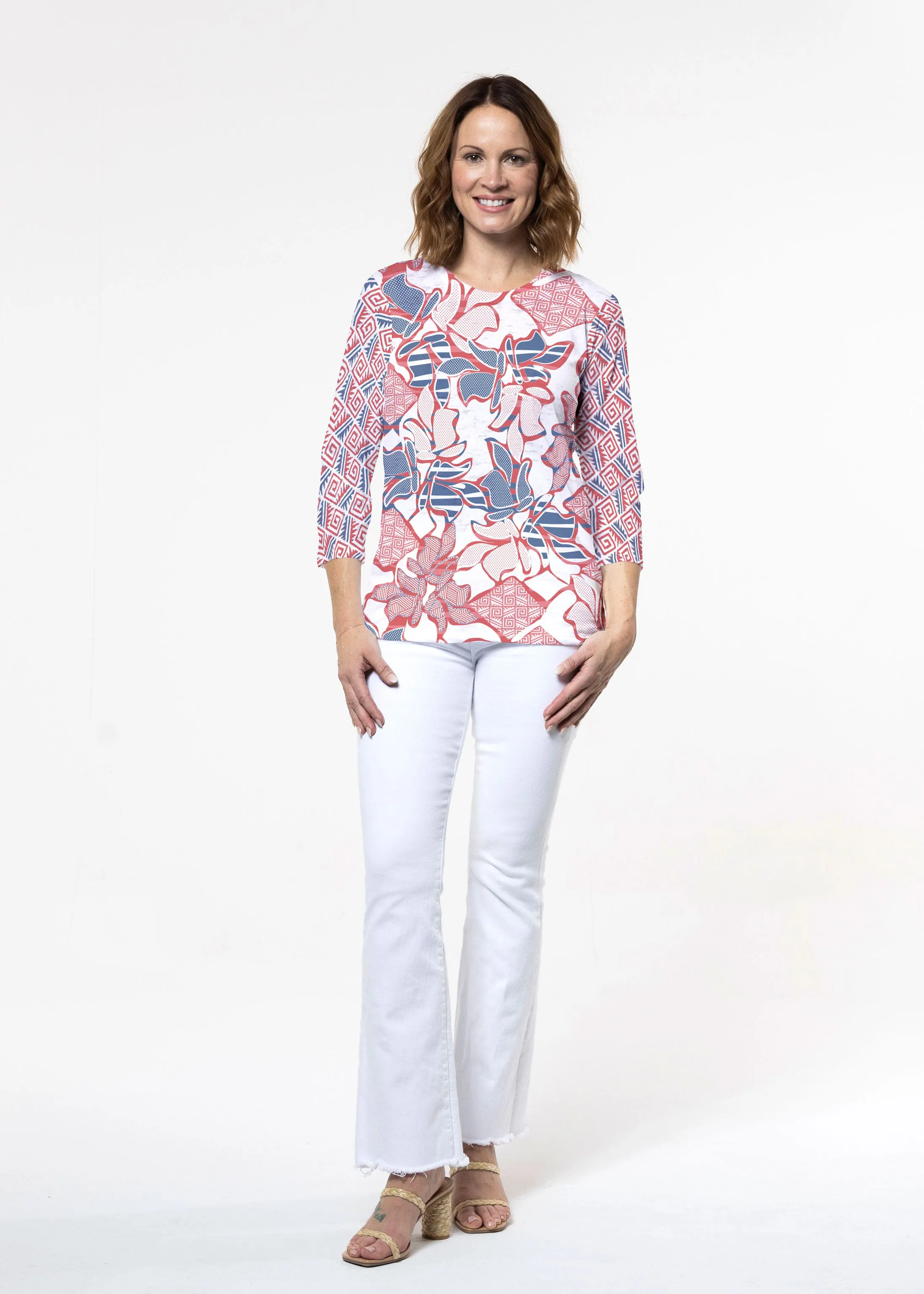 Aztek Sail Red-Blue (8130) ~ Signature 3/4 Sleeve Crew Neck Top
