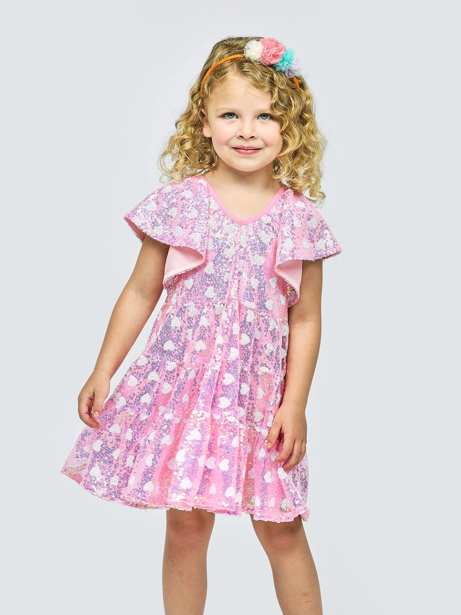 BABY sara- Pink Flutter Sleeve Sequin Dress