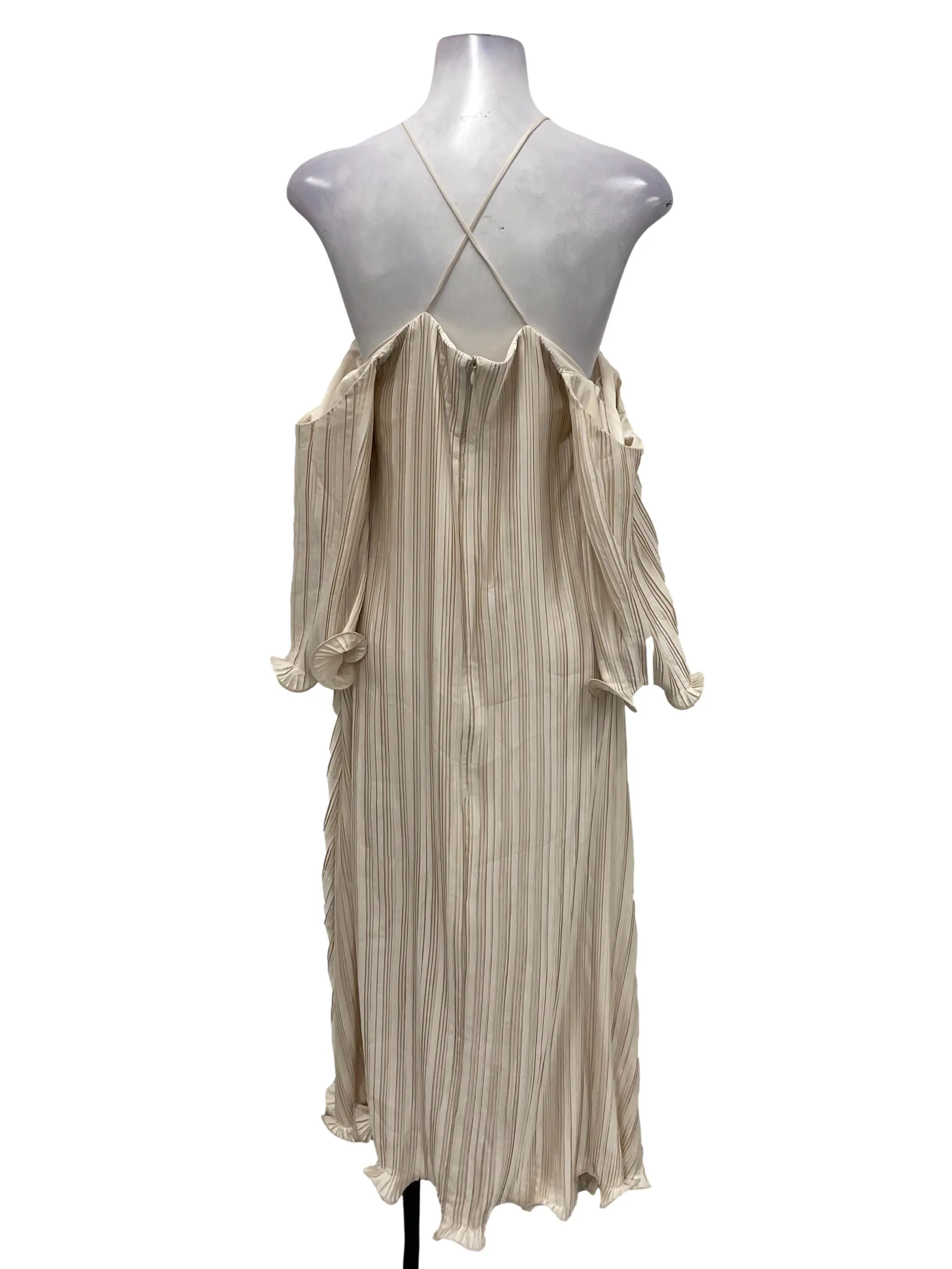 Beige Satin Pleated Cami Maxi Dress
