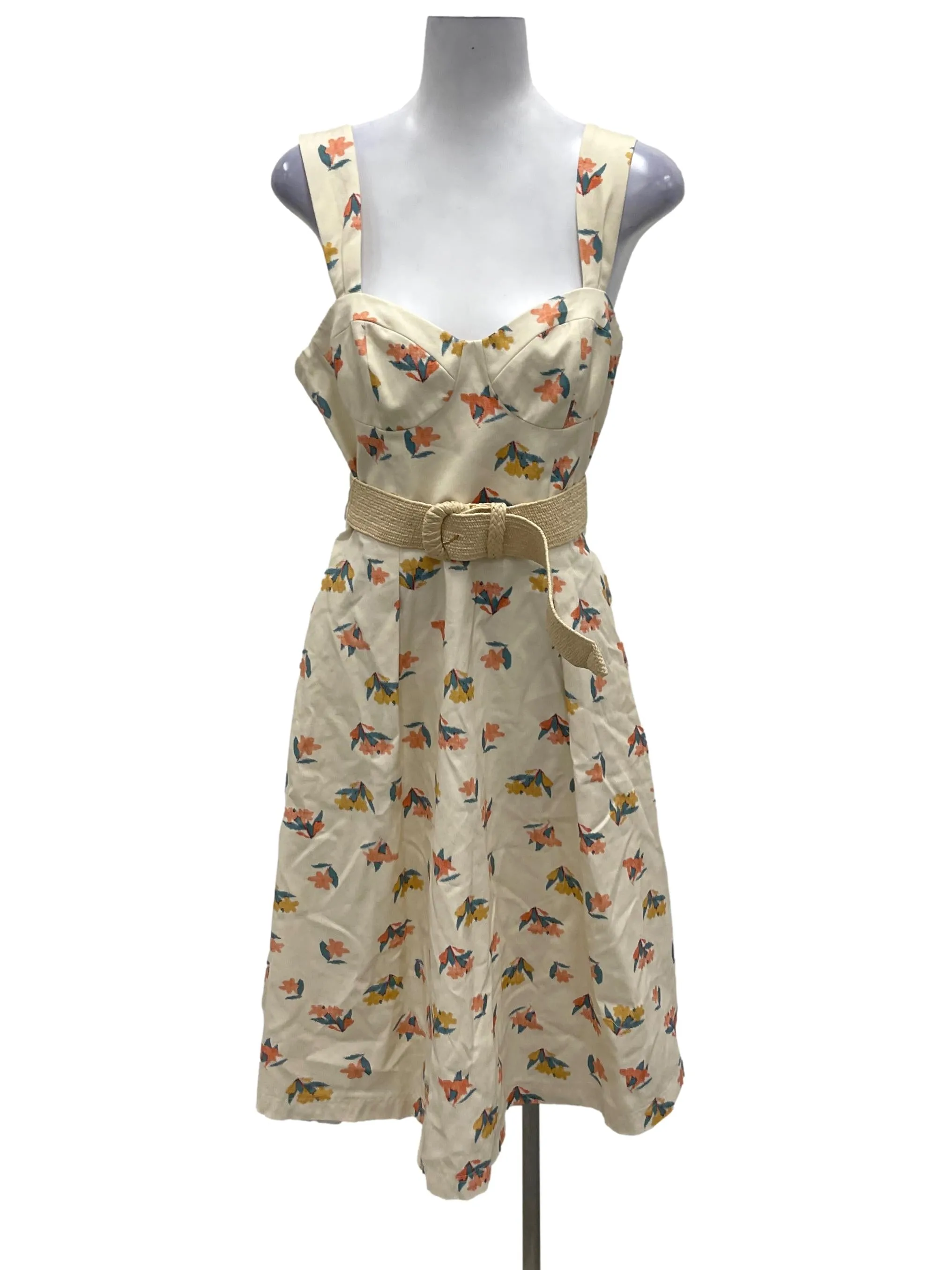 Beige Sweetheart Belted Floral Midi Dress