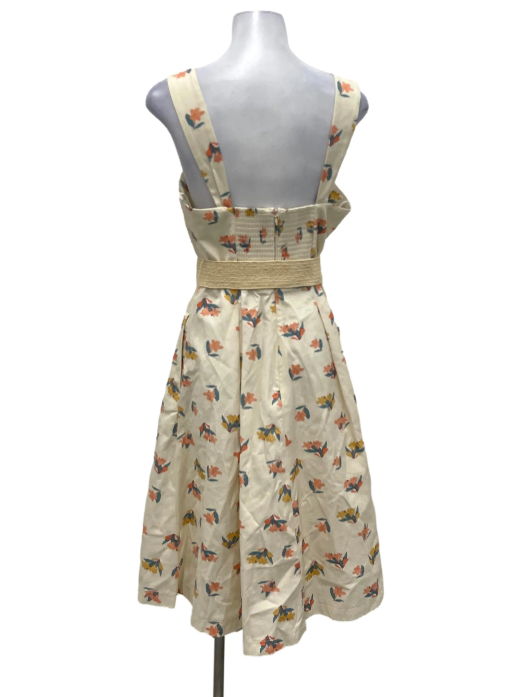 Beige Sweetheart Belted Floral Midi Dress
