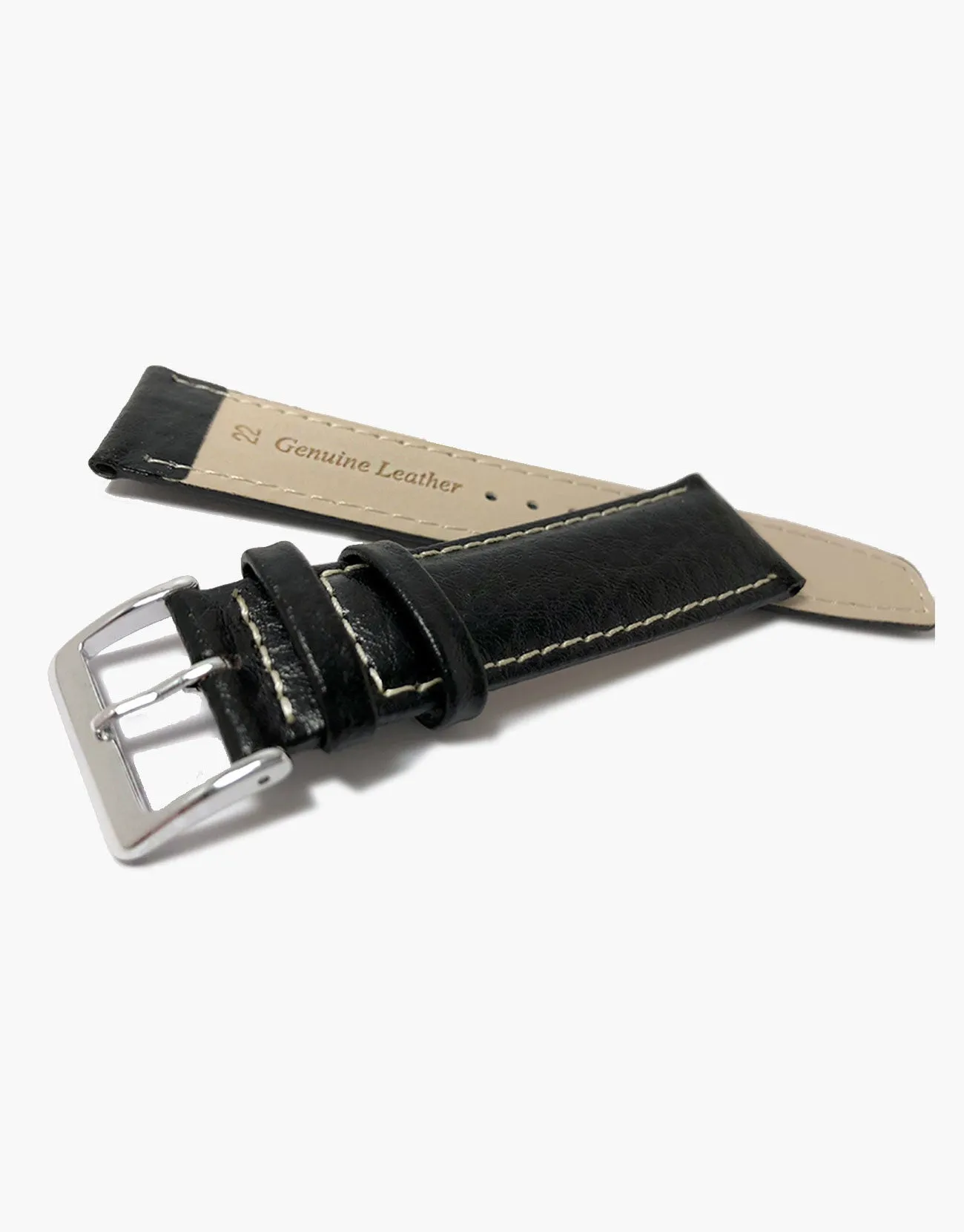 Best Black Leather Buffalo Grain Padded Shiny Watch Band w/ White Stitching