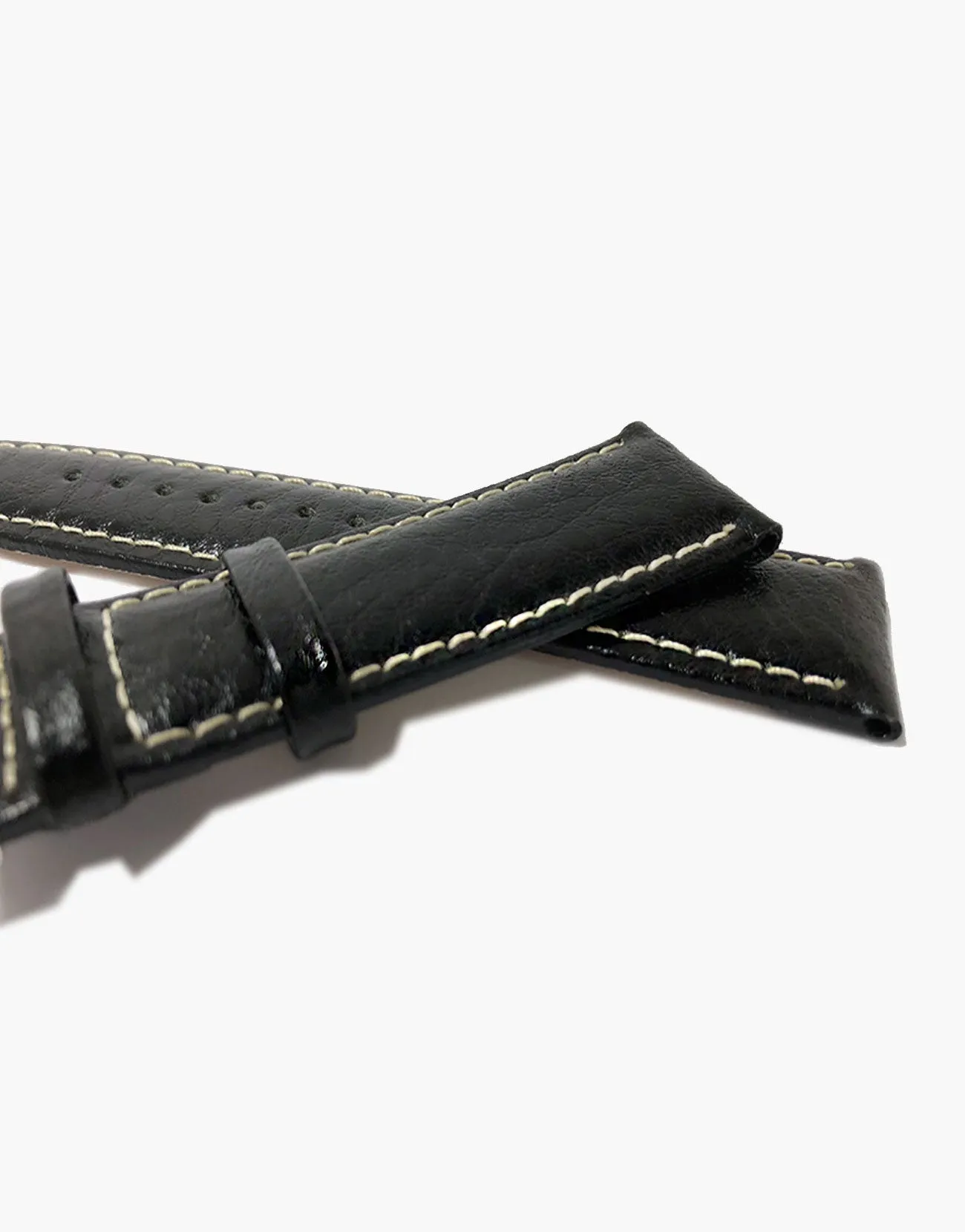 Best Black Leather Buffalo Grain Padded Shiny Watch Band w/ White Stitching