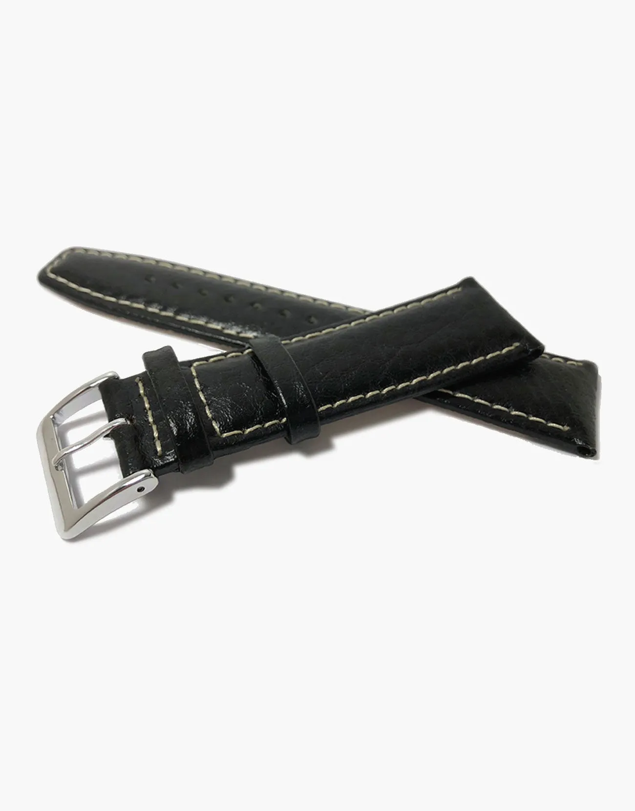 Best Black Leather Buffalo Grain Padded Shiny Watch Band w/ White Stitching