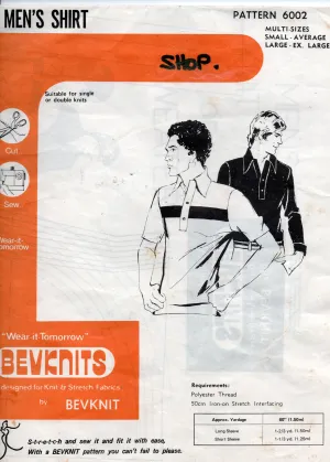Bevknits 6002 Mens Stretch Knit Golf / Rugby / Polo Shirts 1970s Vintage Sewing Pattern UNCUT Factory Folded