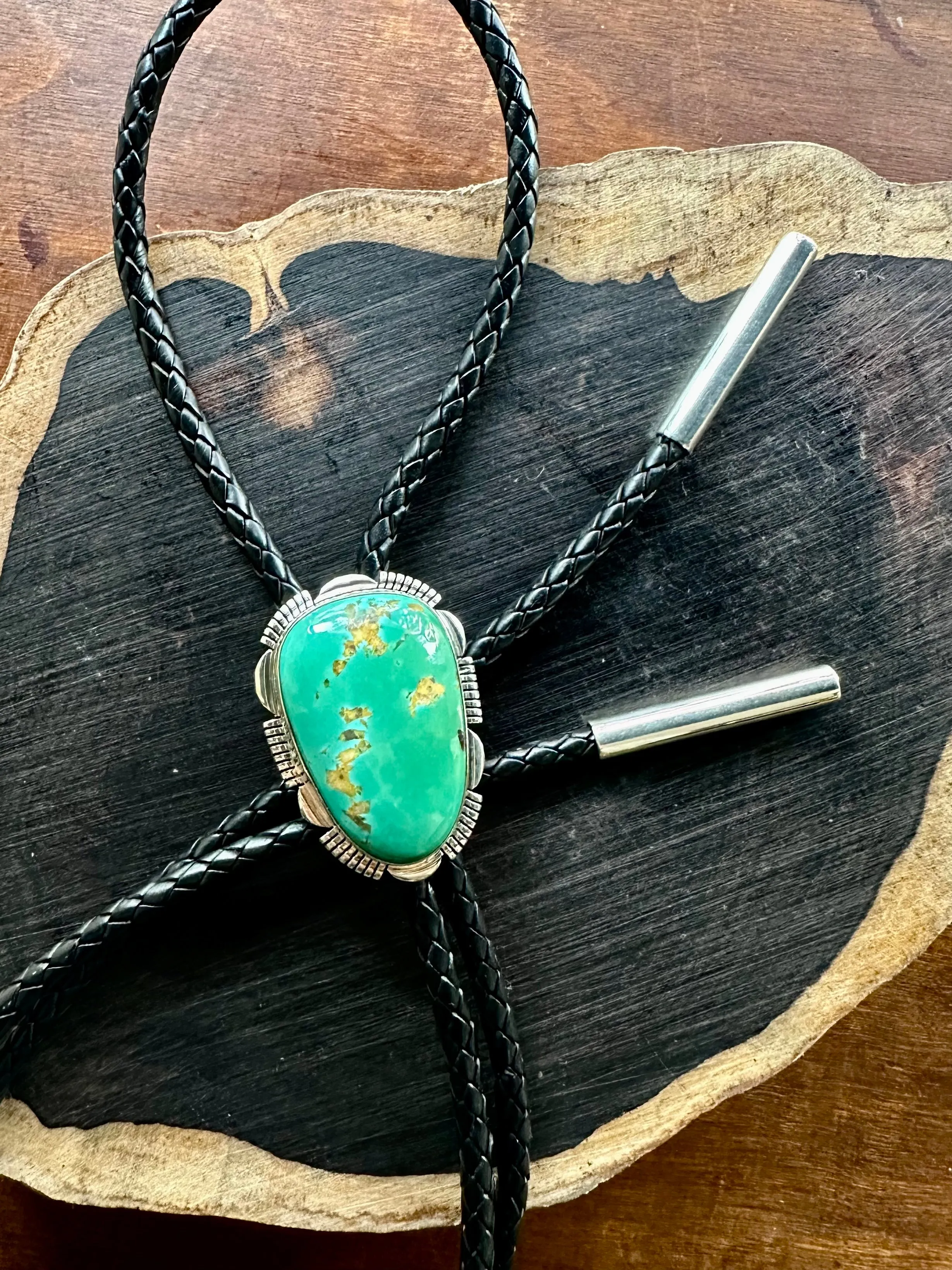BEYOND BEAUTY Royston Turquoise & Sterling Silver Bolo Tie w/ Leather Cord