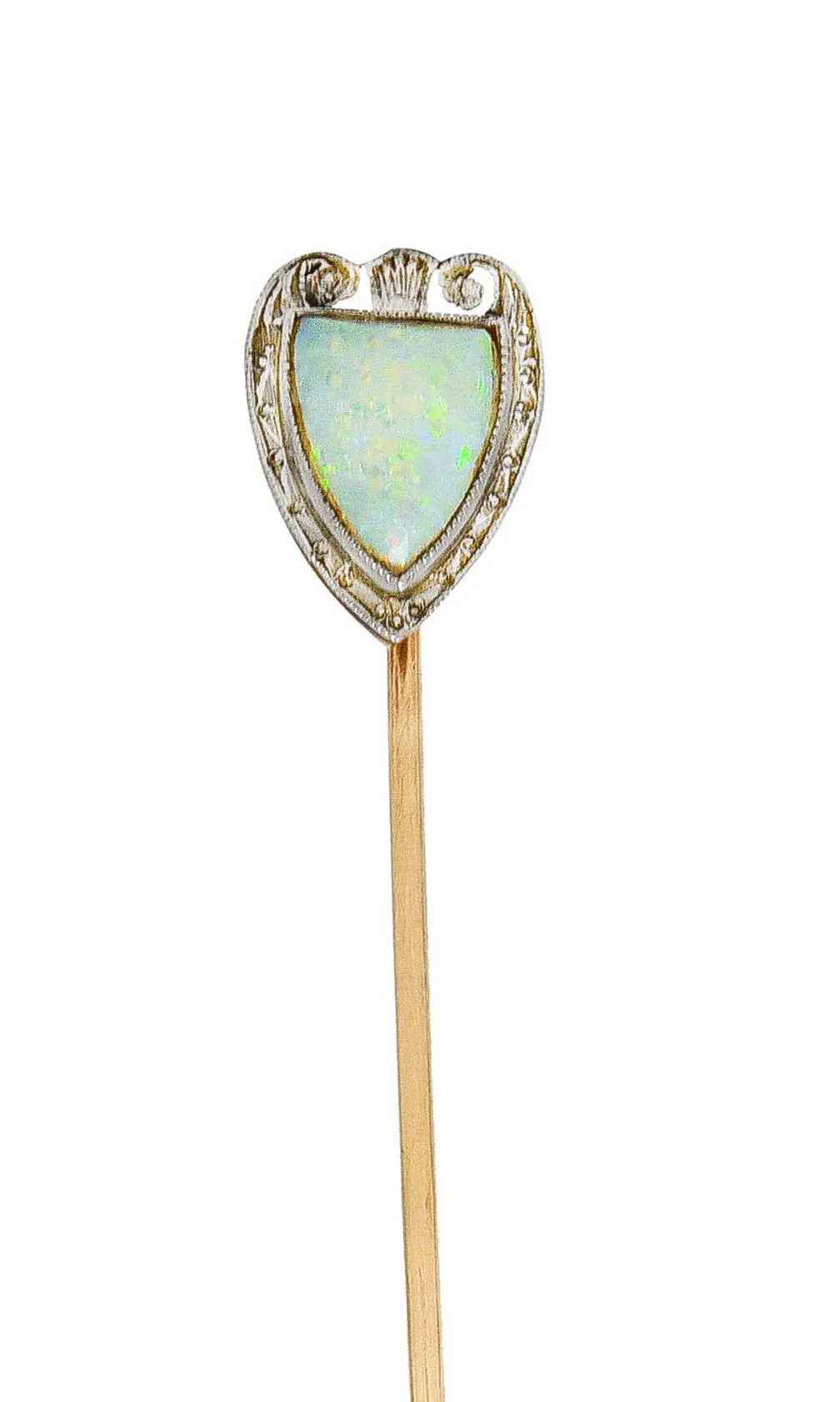 Bitterman Bros. Edwardian Opal Platinum-Topped 14 Karat Gold Shield Antique Stickpin