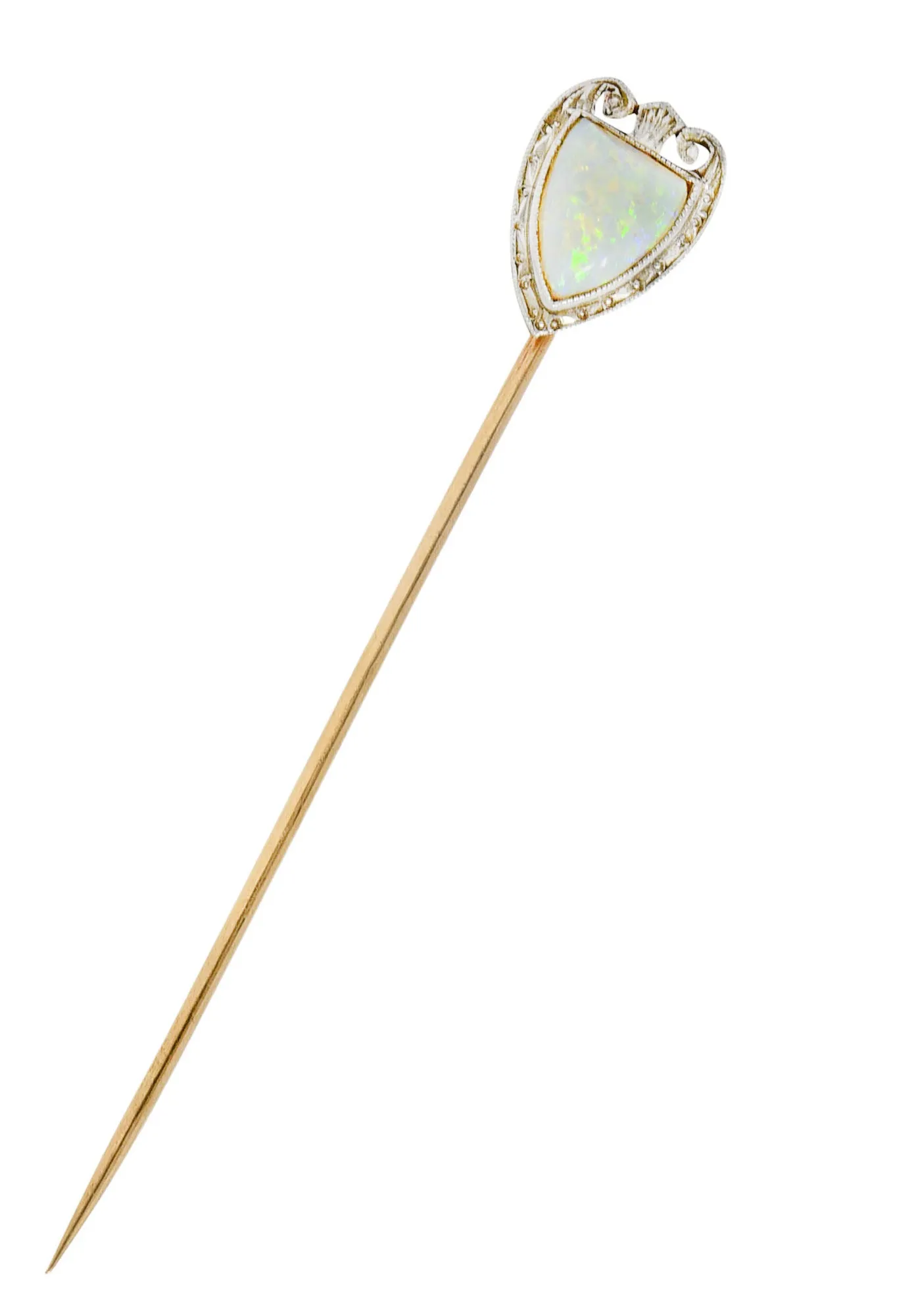 Bitterman Bros. Edwardian Opal Platinum-Topped 14 Karat Gold Shield Antique Stickpin