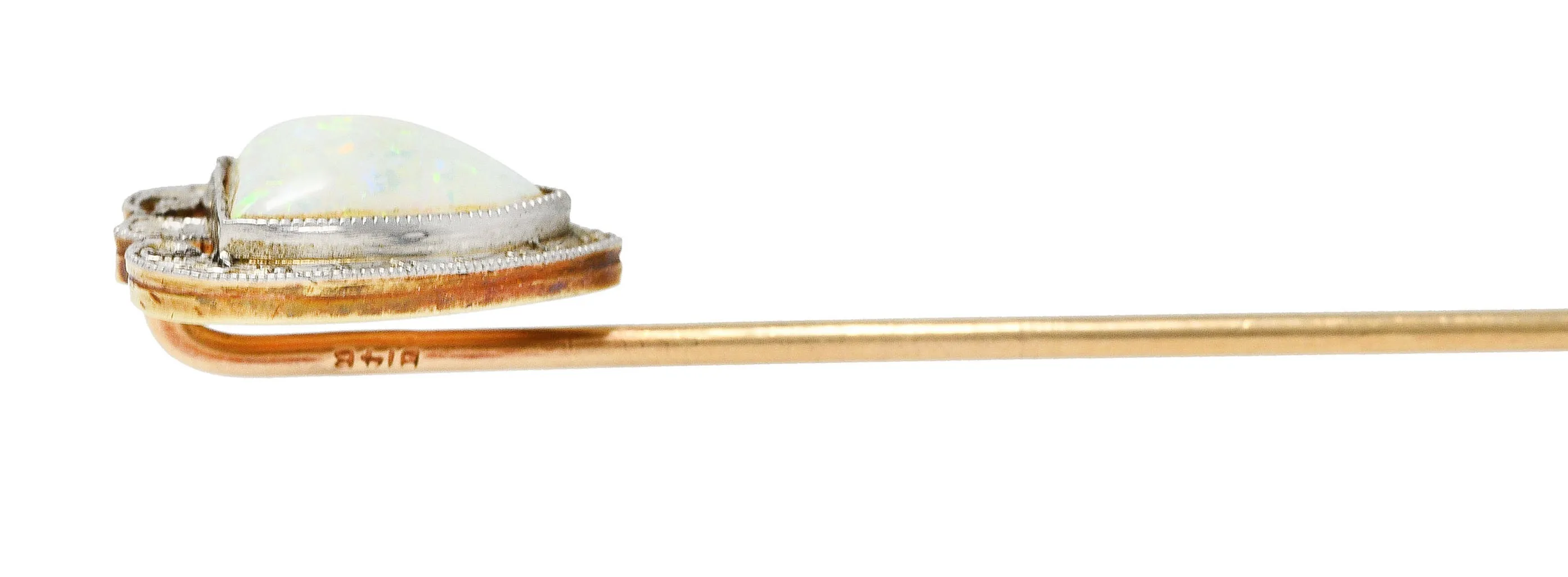 Bitterman Bros. Edwardian Opal Platinum-Topped 14 Karat Gold Shield Antique Stickpin