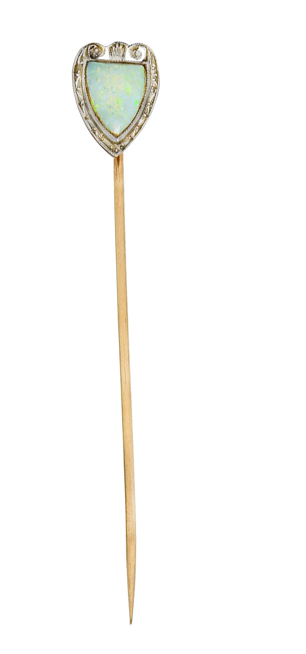Bitterman Bros. Edwardian Opal Platinum-Topped 14 Karat Gold Shield Antique Stickpin